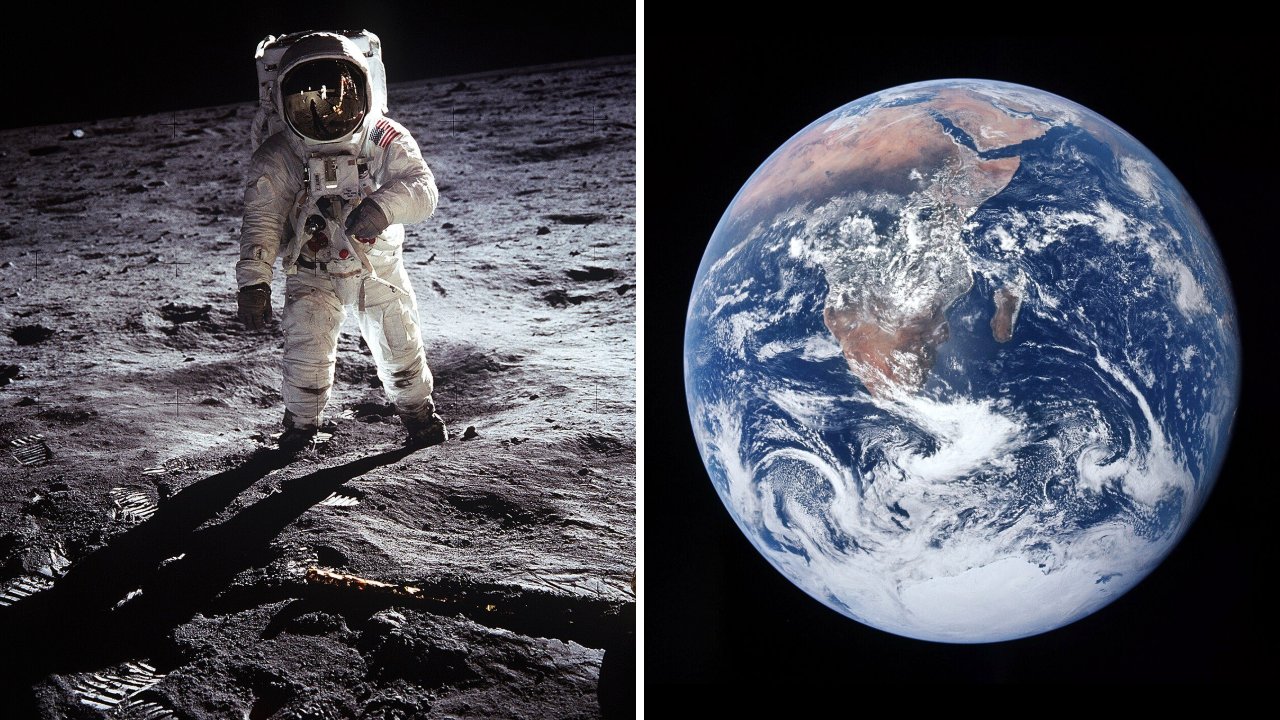 Split image: astronaut Buzz Aldrin in a white spacesuit on the Moon on the left and the whole Earth, blue and white against black space, on the right.