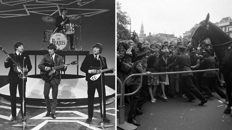 Split image: three guitarists and a drummer on a television stage with a zigzag floor on the left, and police and a police horse holding back a crowd behind a steel barrier on the right.