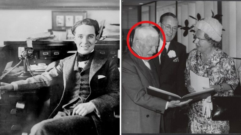 Split image: a young Charlie Chaplin seated at a desk on the left, and an older Chaplin, circled in red, looking at a book beside Dutch royals on the right.