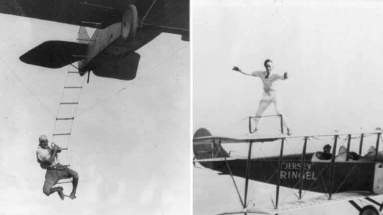 Split image: a stunt man hanging from a rope ladder under a biplane on the left, and a wing walker standing on the top wing of a flying biplane on the right.