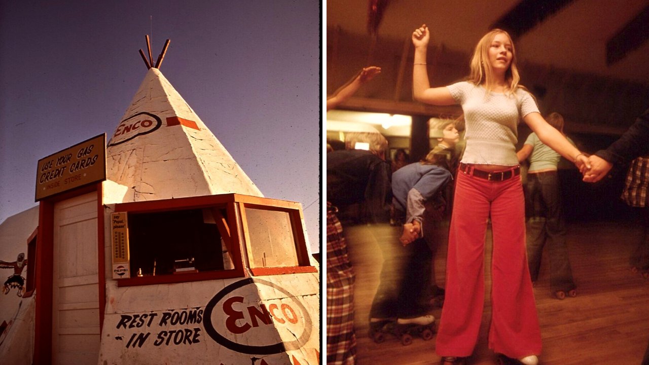 Split image: a tepee-shaped Enco gas station on the left and a girl in red flared pants at a roller rink on the right.