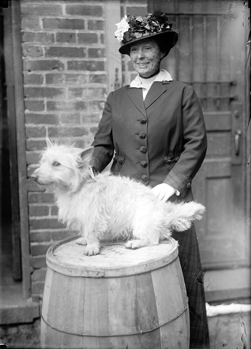 A woman in a flowered hat and dark jacket rests a hand on a small white dog standing on top of a barrel in front of a brick wall and a wooden door.