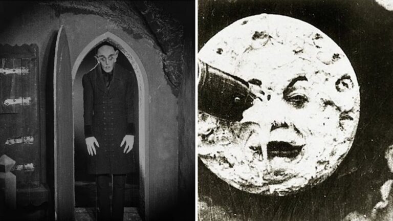 Split image: a tall, pale figure standing in an arched stone doorway on the left, and the Moon with a human face and a capsule in its eye on the right.
