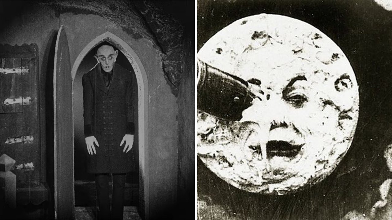 Split image: a tall, pale figure standing in an arched stone doorway on the left, and the Moon with a human face and a capsule in its eye on the right.
