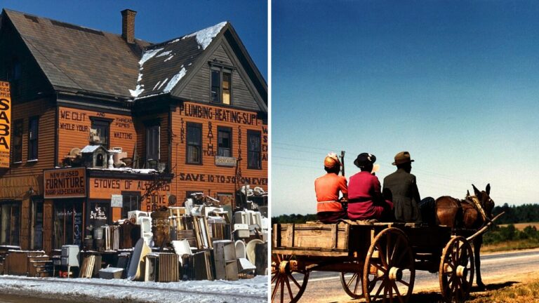 Split image: a second-hand plumbing store in Massachusetts on the left and a mule wagon heading to town in Georgia on the right.