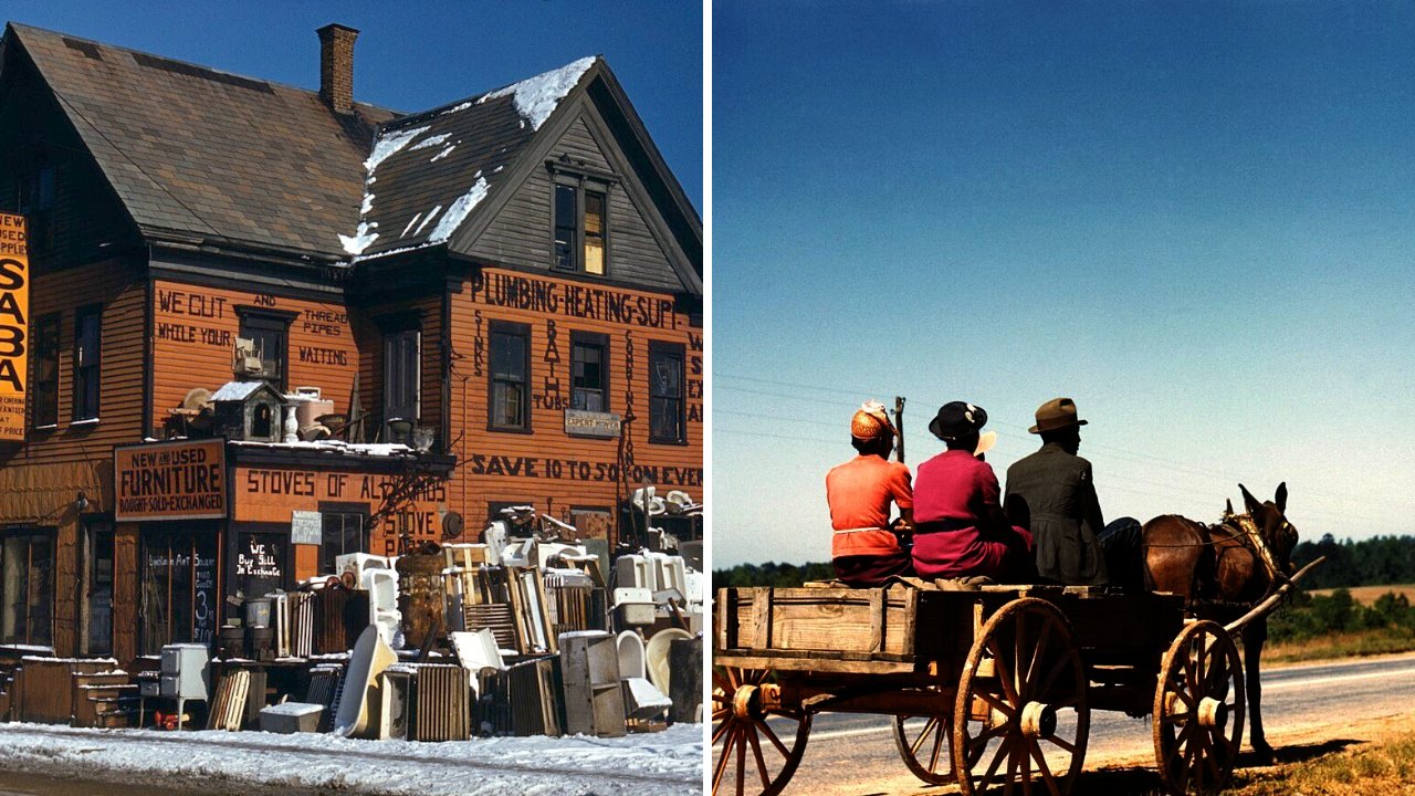 Split image: a second-hand plumbing store in Massachusetts on the left and a mule wagon heading to town in Georgia on the right.