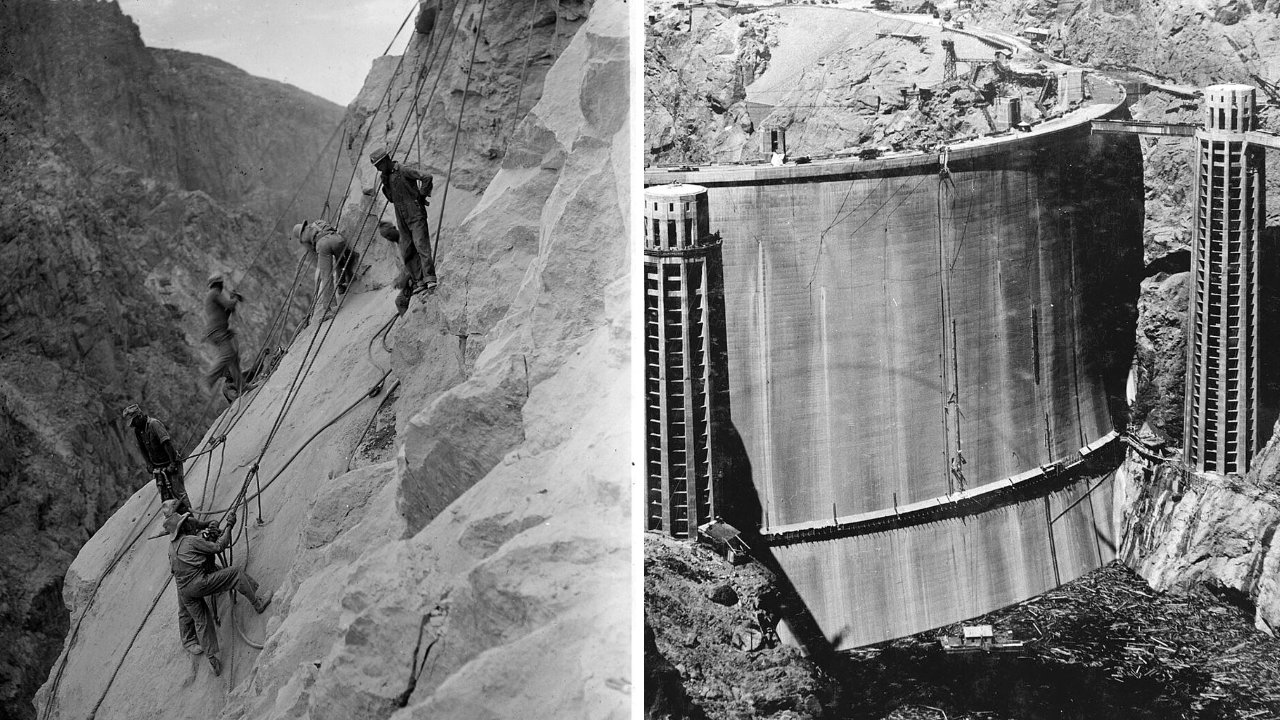 Split image: high-scalers hanging on ropes down a canyon wall on the left and the curved upstream face of Hoover Dam on the right.