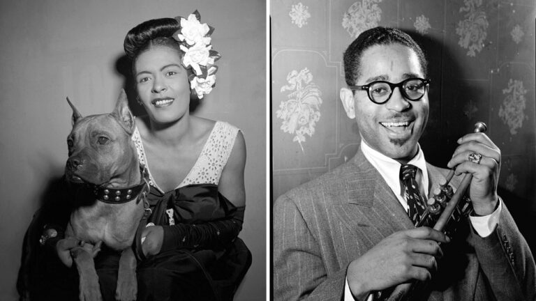 Split image: Billie Holiday with her boxer dog Mister on the left and Dizzy Gillespie in round glasses holding a trumpet on the right.