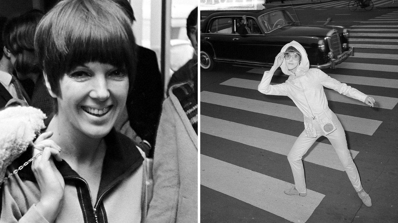 Split image: Mary Quant, smiling, with a sharp dark bob on the left, and a model in a pale hooded jacket posing on a zebra crossing on the right.