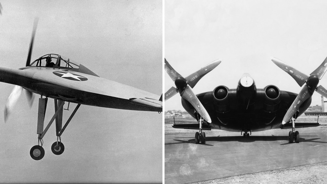 Split image: a round-winged Vought V-173 flying pancake banking in flight on the left and a Vought XF5U-1 sitting on an airfield runway on the right.