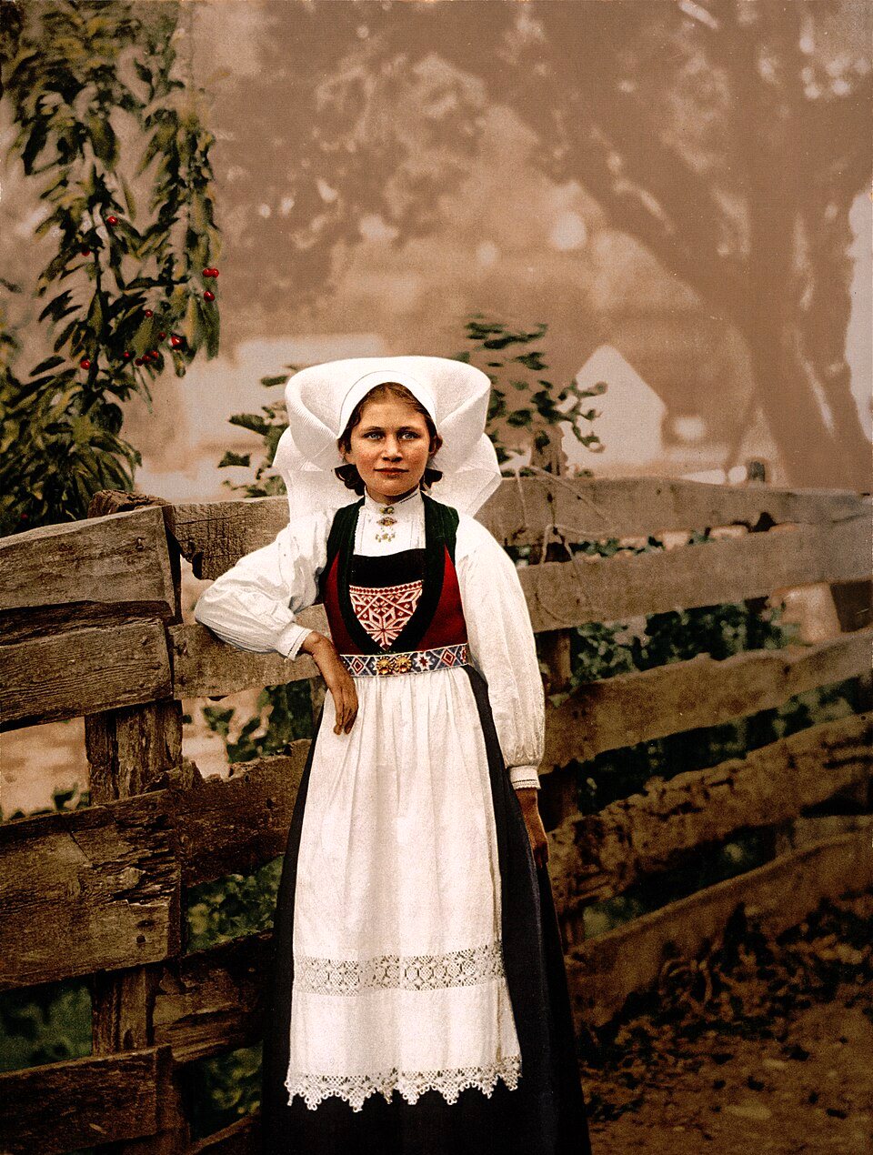 A young woman in a white headdress, a dark red-trimmed bodice and a long white apron stands beside a wooden fence.
