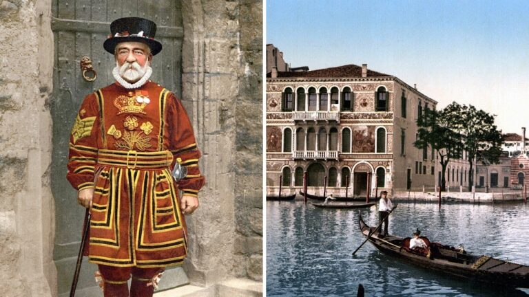 Split image: a white-bearded Beefeater in a red and gold uniform on the left and a Venetian palace on the Grand Canal with a gondola on the right.