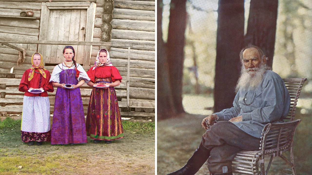 Split image: three girls in bright dresses holding dishes of berries in front of a log house on the left, and a white-bearded Leo Tolstoy seated in a chair among tall trees on the right.