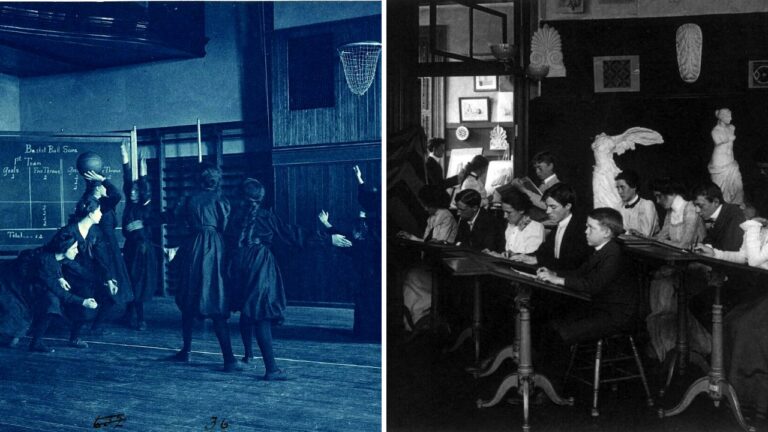 Split image: girls playing basketball in a gymnasium on the left and a high school art class drawing from plaster casts on the right.