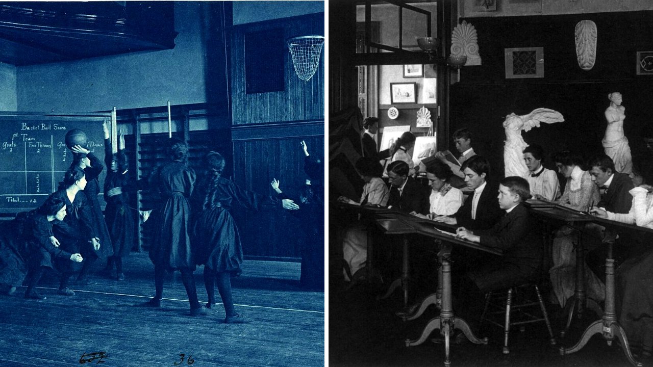 Split image: girls playing basketball in a gymnasium on the left and a high school art class drawing from plaster casts on the right.