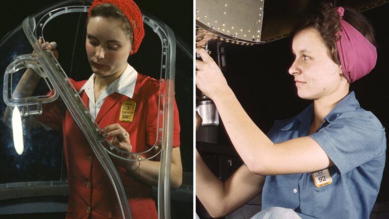 Split image: a woman in a red jacket and red cap working inside a clear bomber nose section on the left, and a woman in a pink headscarf and light-blue shirt holding a drill up to an aircraft on the right.